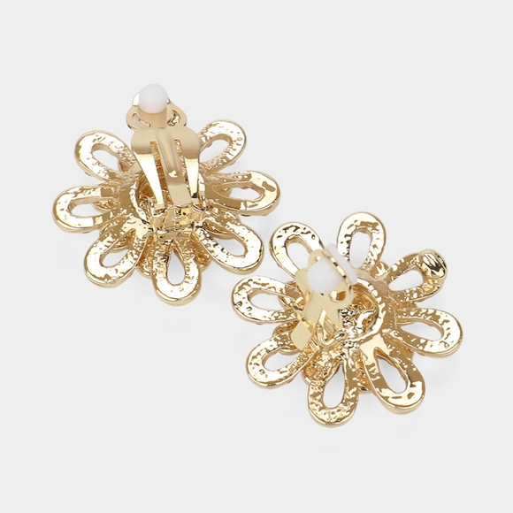 Gold Cream Pearl Clip On Earrings Flower Pendant Crystal Layered Necklace Set - Picture 3 of 4